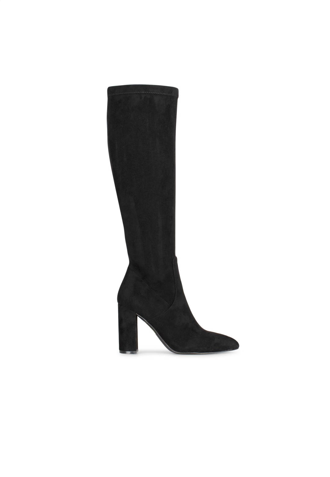 Lauren Stiefel von Posh by Poelman – Seitenansicht des hohen schwarzen Stiefels aus Kunstwildleder mit Blockabsatz.