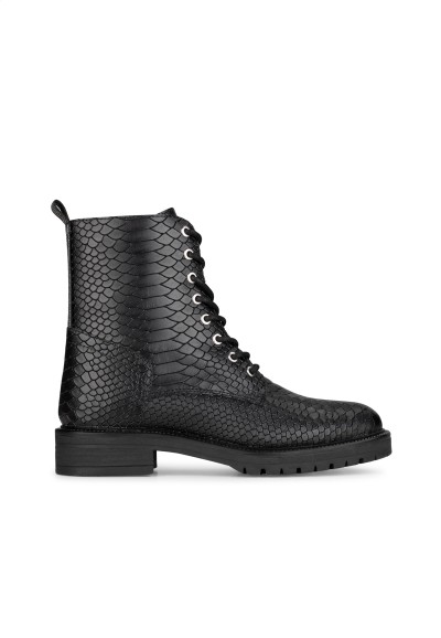 Black Leather Lace-Up Boots with Snake Print for Women