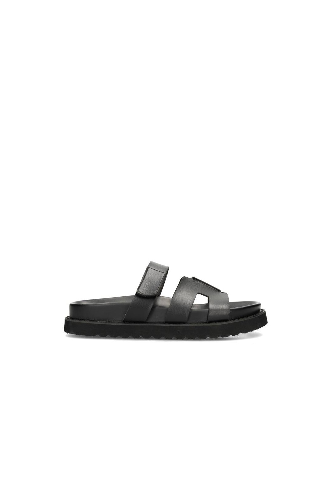 Scottie sandal by Posh by Poelman – side view of black faux leather sandal with wide straps.