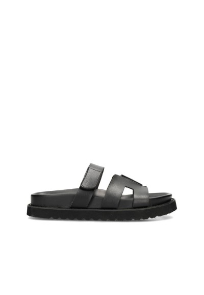 Scottie sandal by Posh by Poelman – side view of black faux leather sandal with wide straps.