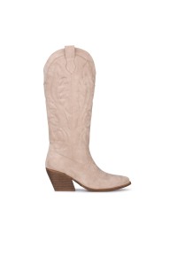 Beige westernlaars Jill van Poelman Brands – suèdelook met 7 cm blokhak, zijaanzicht.