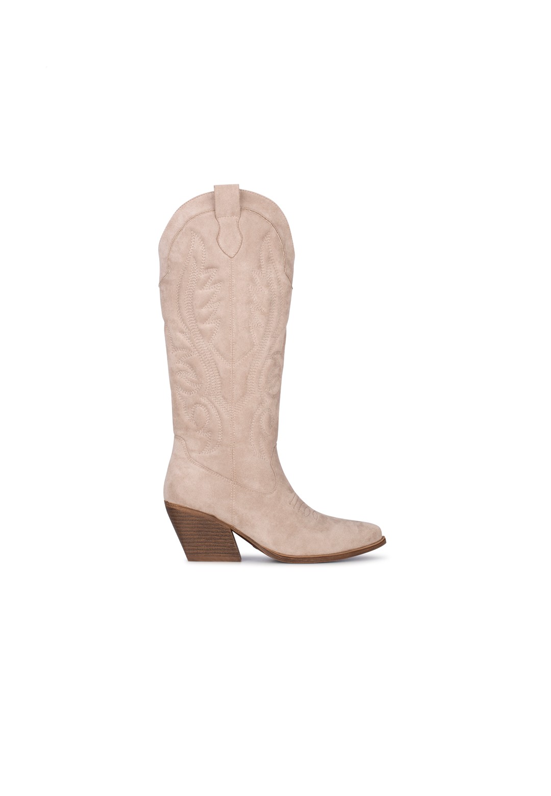 Beige westernlaars Jill van Poelman Brands – suèdelook met 7 cm blokhak, zijaanzicht.
