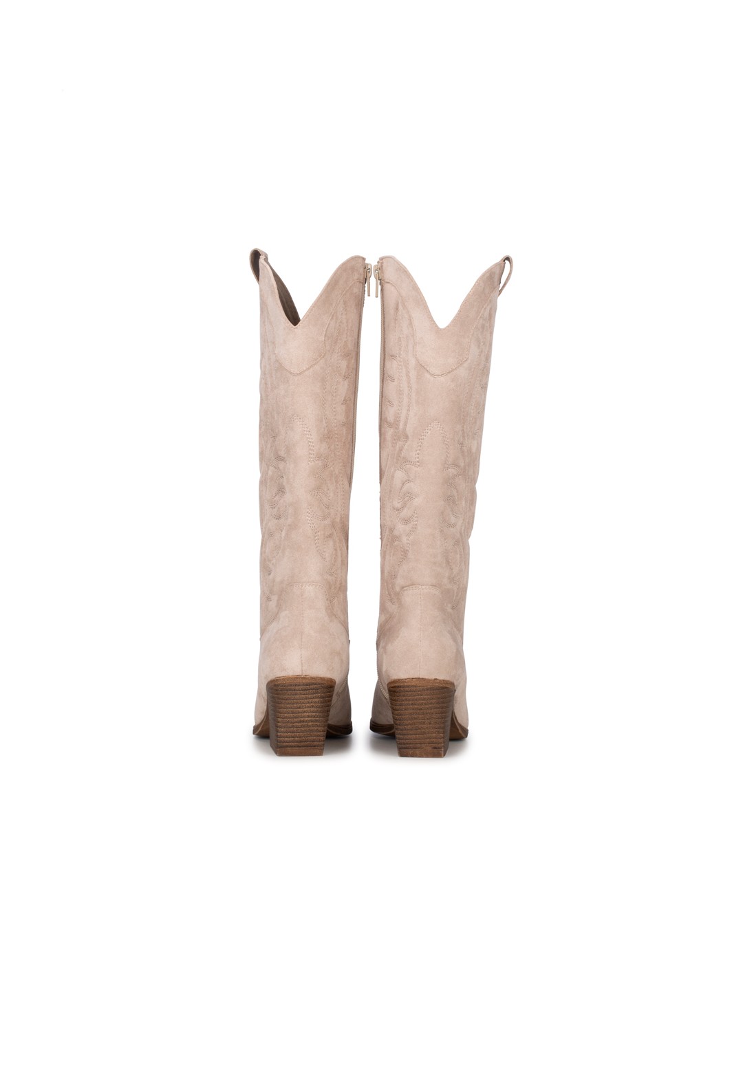 Rear view of the Jill boots – slim silhouette and curved western cut.