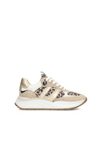 Beige Leather and Suede Sneakers with Leopard Print for Women