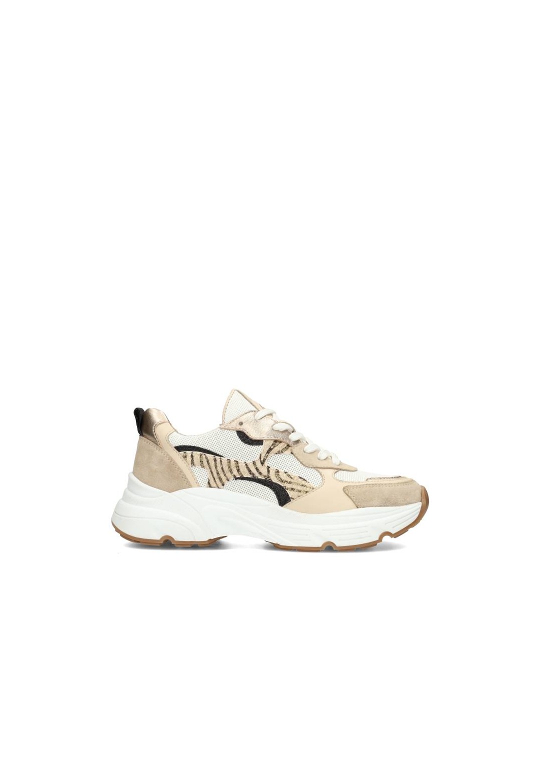 Beige Leather and Suede Sneakers with Animal Print for Women