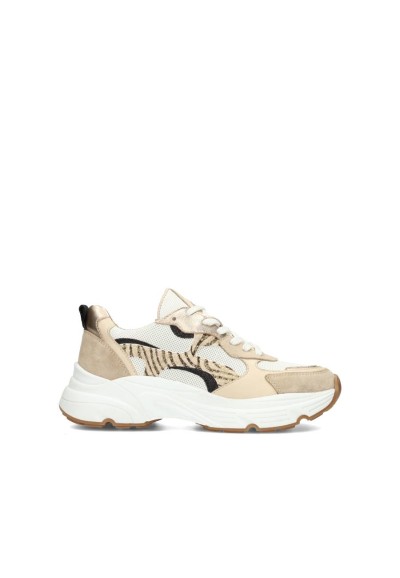 Beige Leather and Suede Sneakers with Animal Print for Women