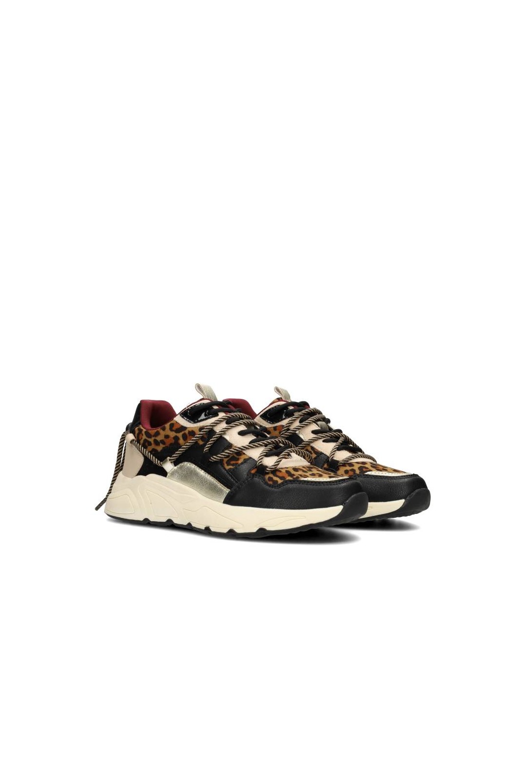 Trendy CARI sneaker van POSH by Poelman in zwart-beige met leopard detail – schuine vooraanzicht