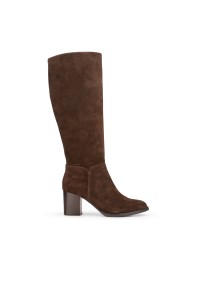 Bruine suède Fleur dameslaars van PS Poelman, zijaanzicht met elegante 7 cm hak.