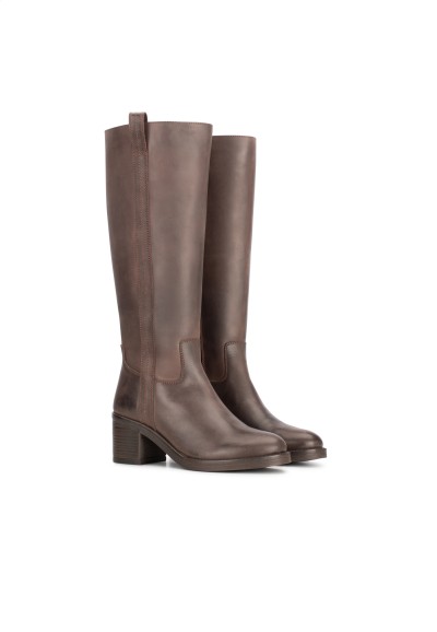LINA boots dark brown tall leather with low heel timeless model