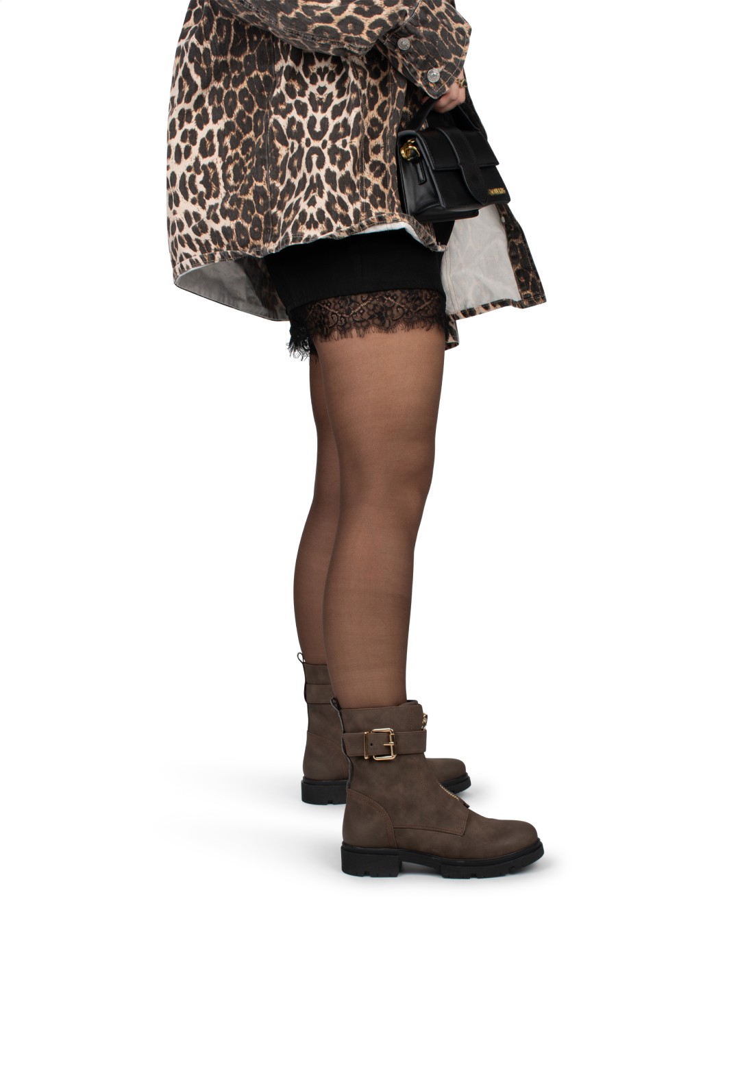 SOPHIE boot worn by model styled with leopard dress and tights