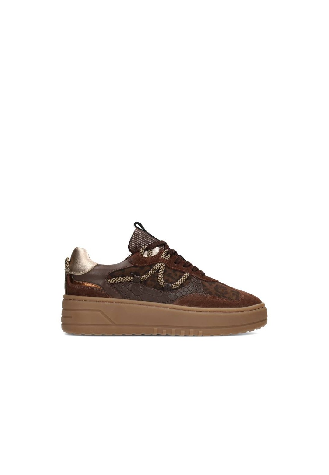 PS Poelman ANEMONE dames sneaker in bruin suède en leer – zijaanzicht