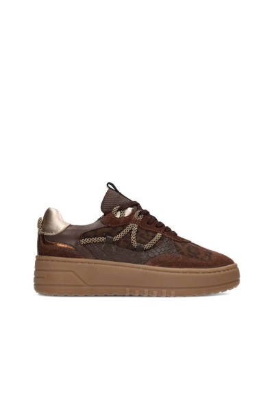 PS Poelman ANEMONE dames sneaker in bruin suède en leer – zijaanzicht