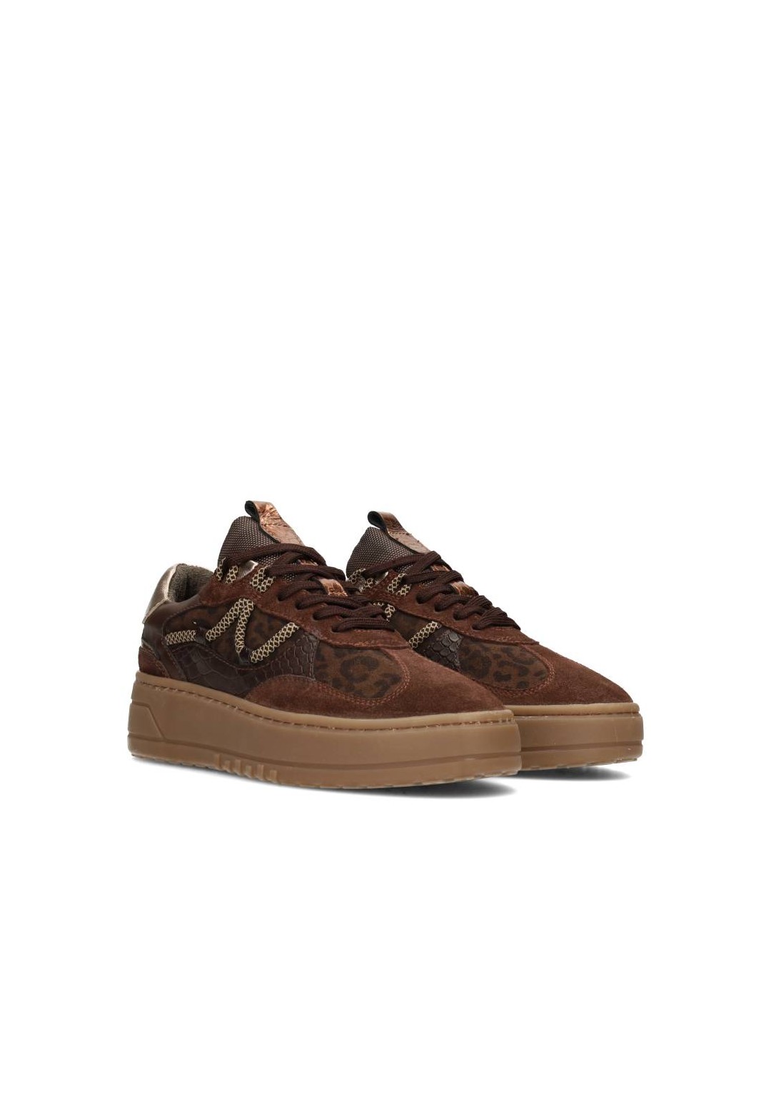 Close-up van ANEMONE sneakers in bruin met panterprint en metallic detail