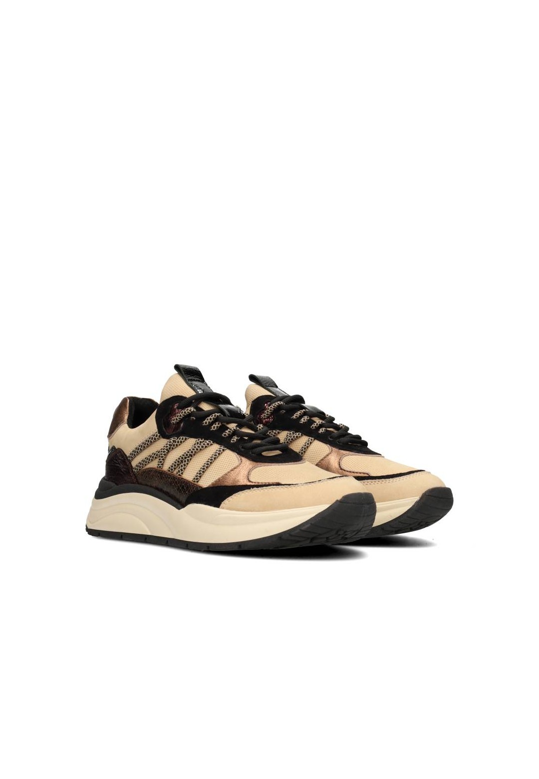 PS Poelman sneaker CHARU beige leer en mesh met metallic details chunky zool 5 cm