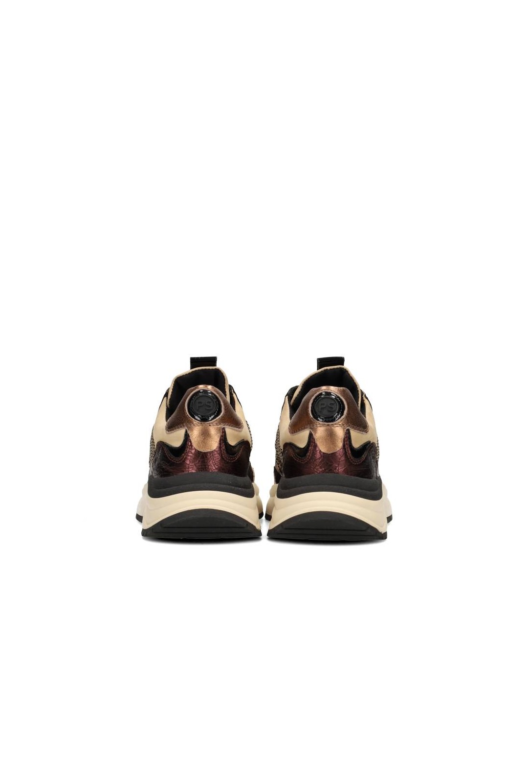 PS Poelman sneaker CHARU achterkant beige leer met metallic brons details en chunky zool
