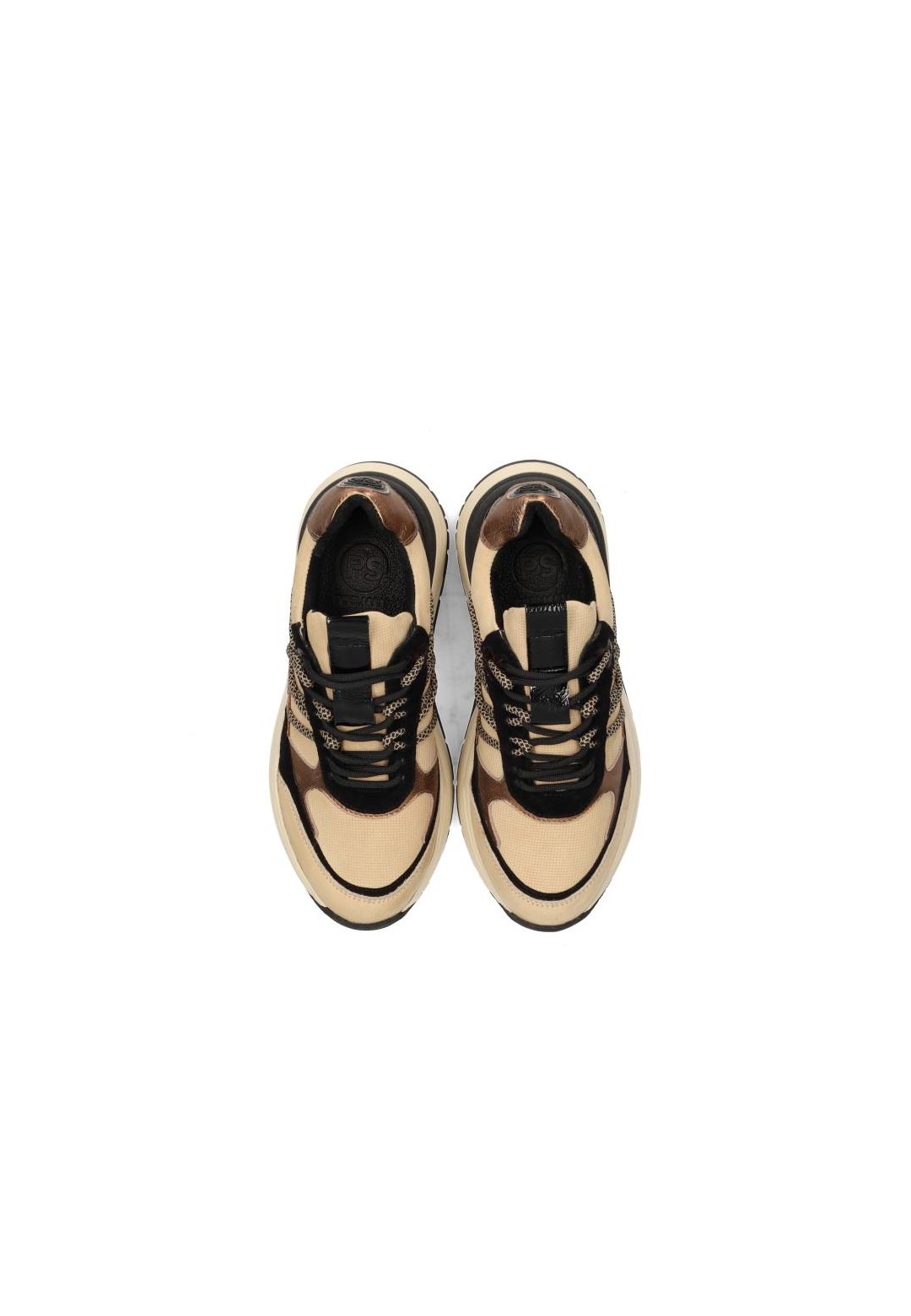 PS Poelman sneaker CHARU bovenaanzicht beige leer mesh en metallic accenten vetersluiting