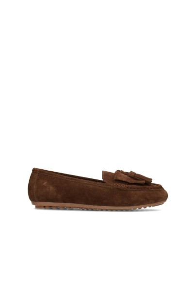 Bruine suède loafer voor dames met sierdetail – zijaanzicht