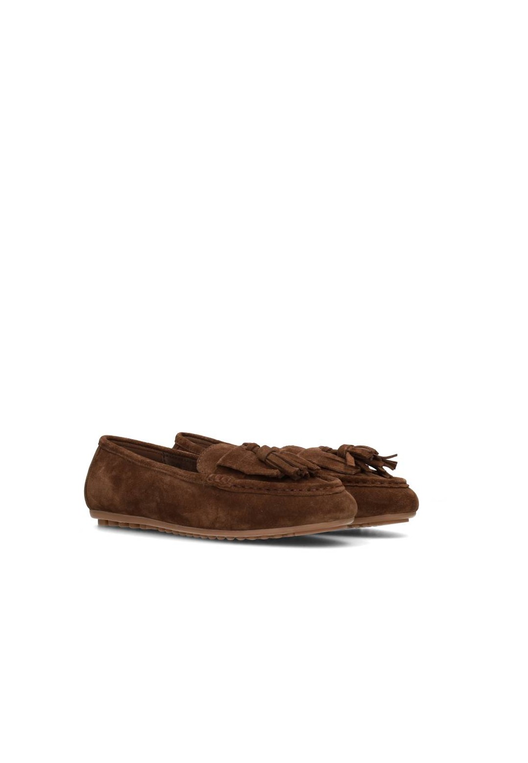 PS Poelman TAYA loafers in bruin suède – schuine zijaanzicht