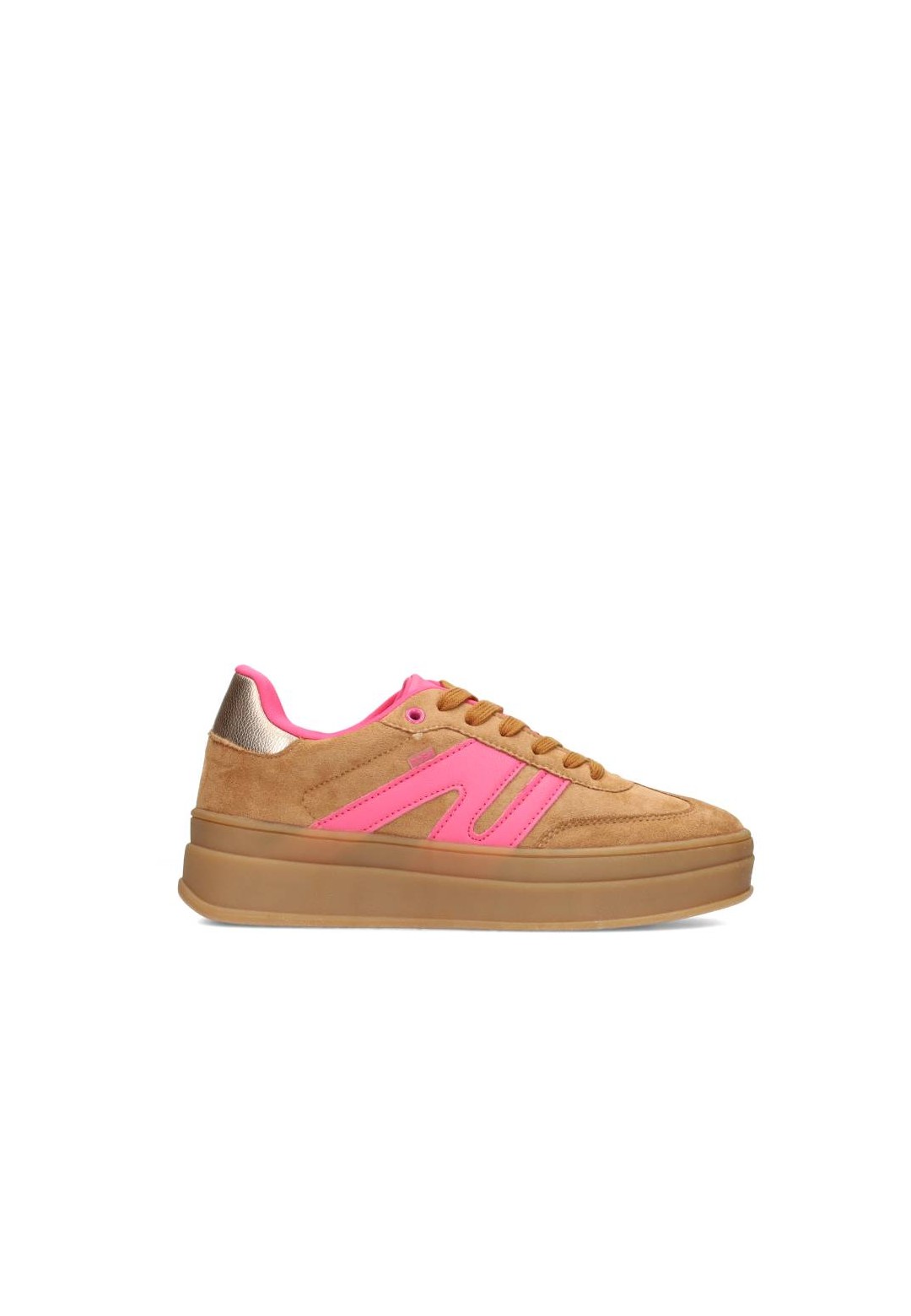 POSH by Poelman NOË dames sneaker in camel met neonroze – zijaanzicht