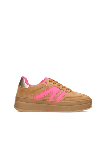 POSH by Poelman NOË dames sneaker in camel met neonroze – zijaanzicht