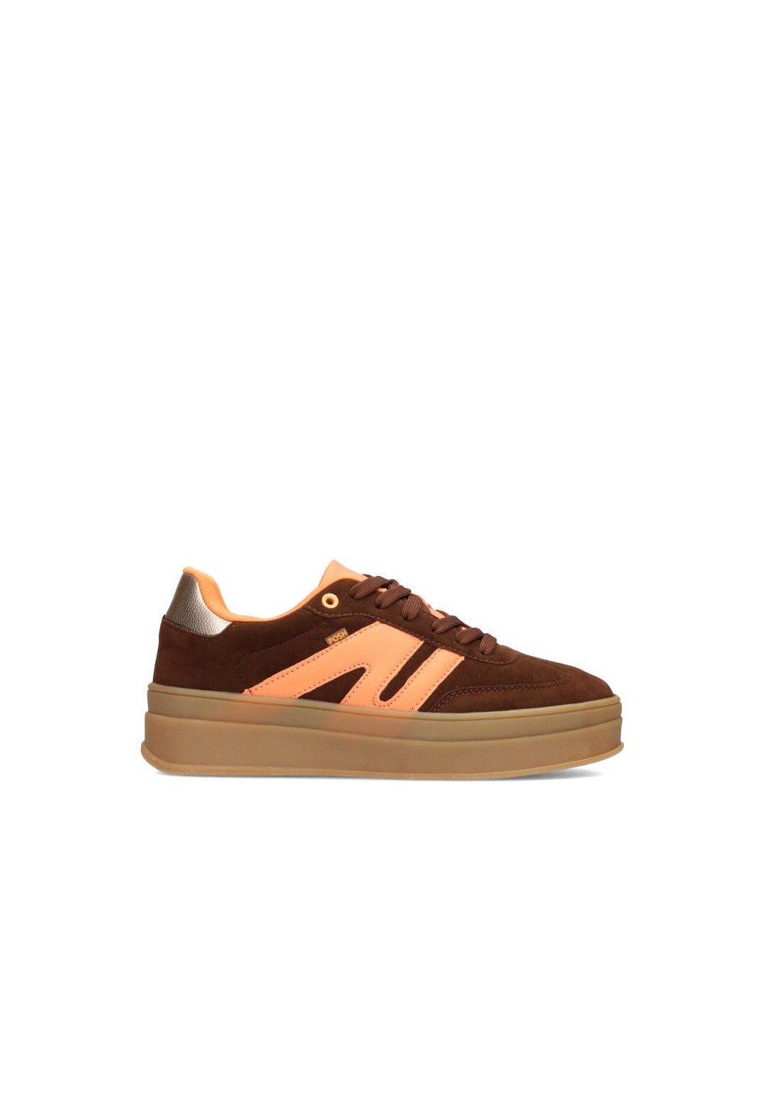 POSH by Poelman NOË dames sneaker in donkerbruin met neonoranje panelen – zijaanzicht
