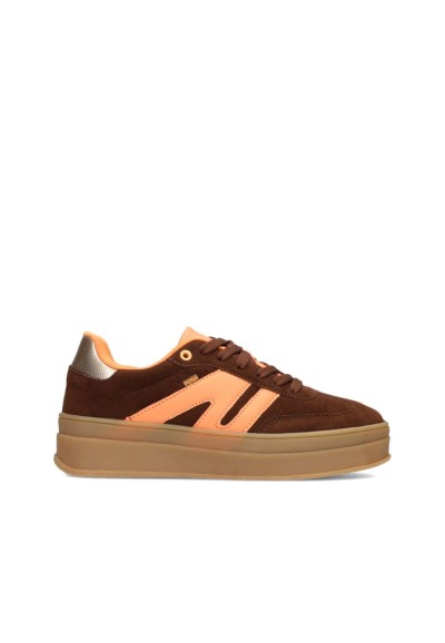 POSH by Poelman NOË dames sneaker in donkerbruin met neonoranje panelen – zijaanzicht