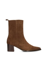Febe enkellaars van PS Poelman – zijaanzicht van bruine enkellaars van suède met hak van 6 cm.