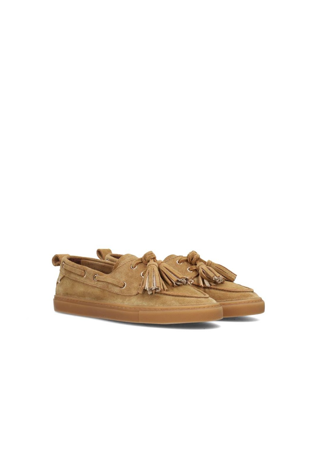 Camel suède loafers met kwastjes, schuin vooraanzicht