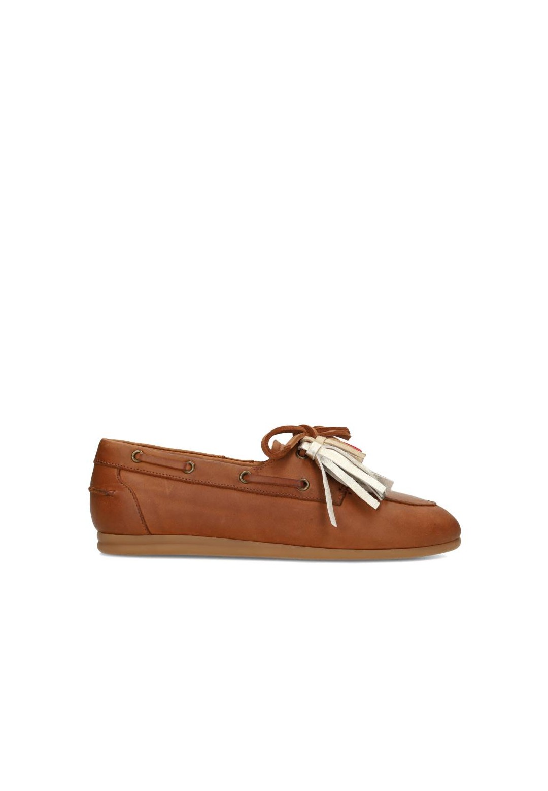 Zijaanzicht van donkerbruine leren loafers met gekleurde kwastjes