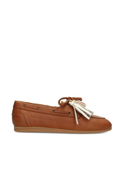 Zijaanzicht van donkerbruine leren loafers met gekleurde kwastjes