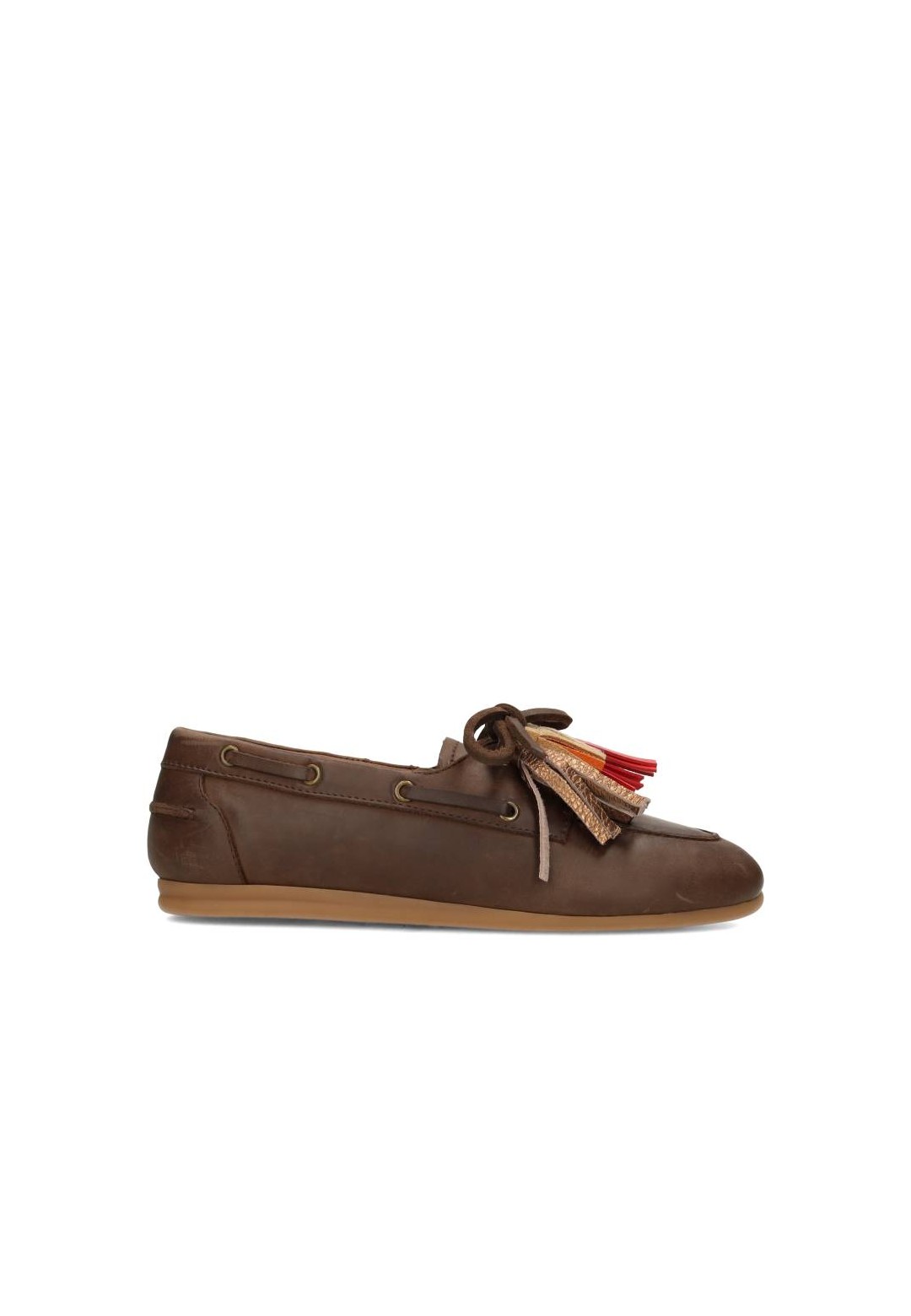 Zijaanzicht van donkerbruine leren loafers met gekleurde kwastjes