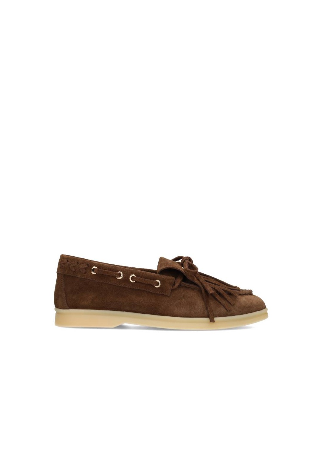 Brown suede loafer with fringes by PS Poelman, side view