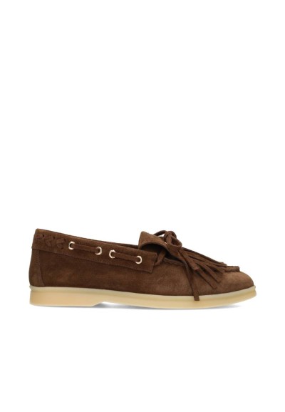 Brown suede loafer with fringes by PS Poelman, side view