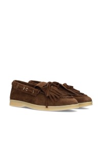 PS Poelman suède loafers met franje detail, schuin vooraanzicht