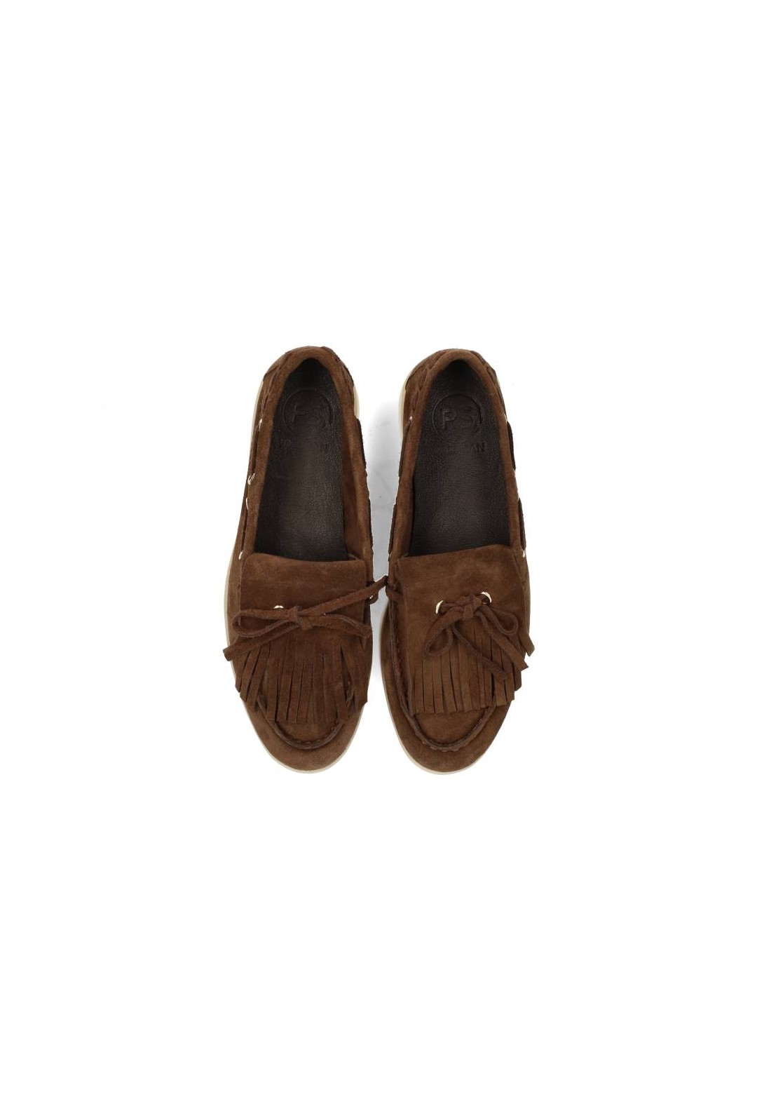 Paar PS Poelman loafers in bruin suède van bovenaf