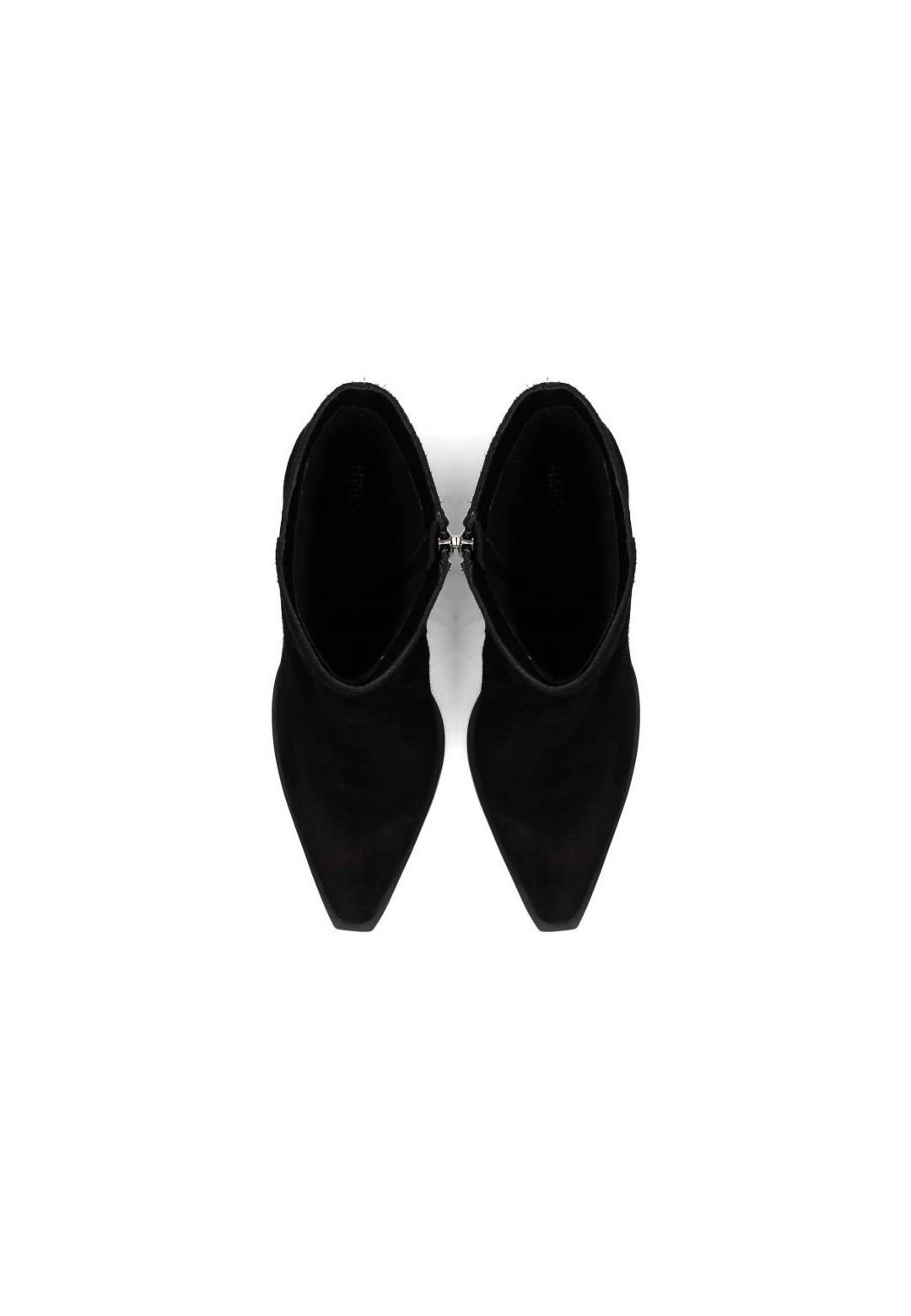 Top-down view of HABOOB BEAU ankle boots – black suede with pointed toe