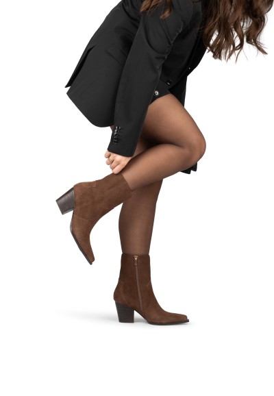 HABOOB BEAU brown suede ankle boots styled with dress – front view on foot