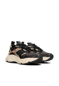 HABOOB OLIVIA sneakers – zwart leer en panterprint met beige chunky zool