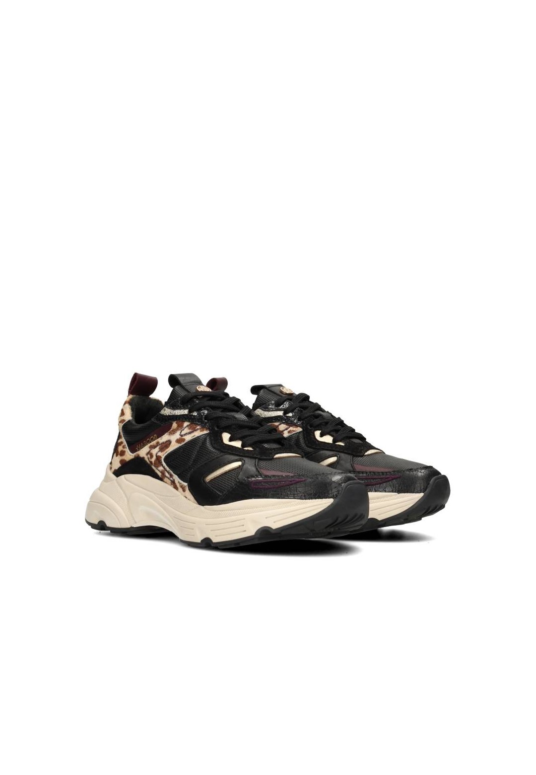 HABOOB OLIVIA sneakers – zwart leer en panterprint met beige chunky zool