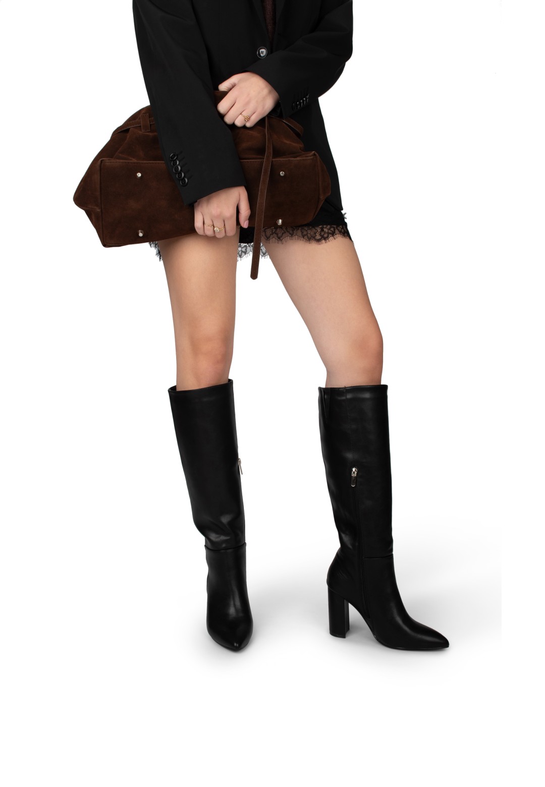 Model wearing LAUREN boots with bare legs – front pose.