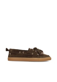 Side view of dark brown suede loafers with tassels