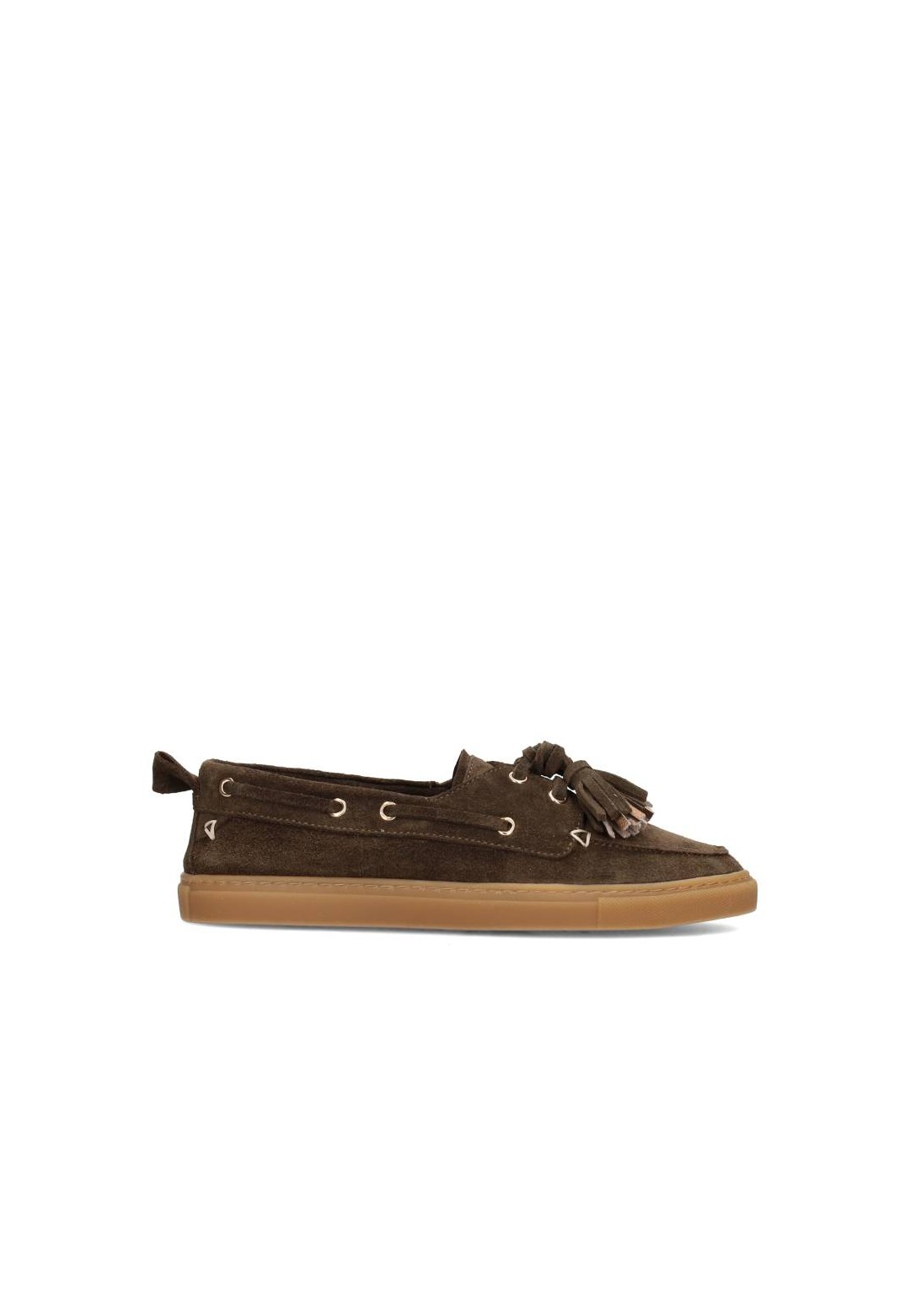 Side view of dark brown suede loafers with tassels
