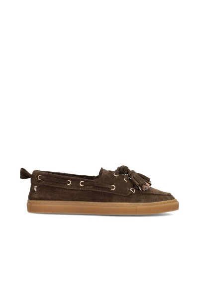 Side view of dark brown suede loafers with tassels