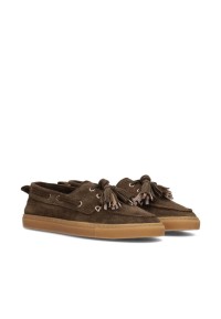 Dark brown loafers with tassels, angled front view