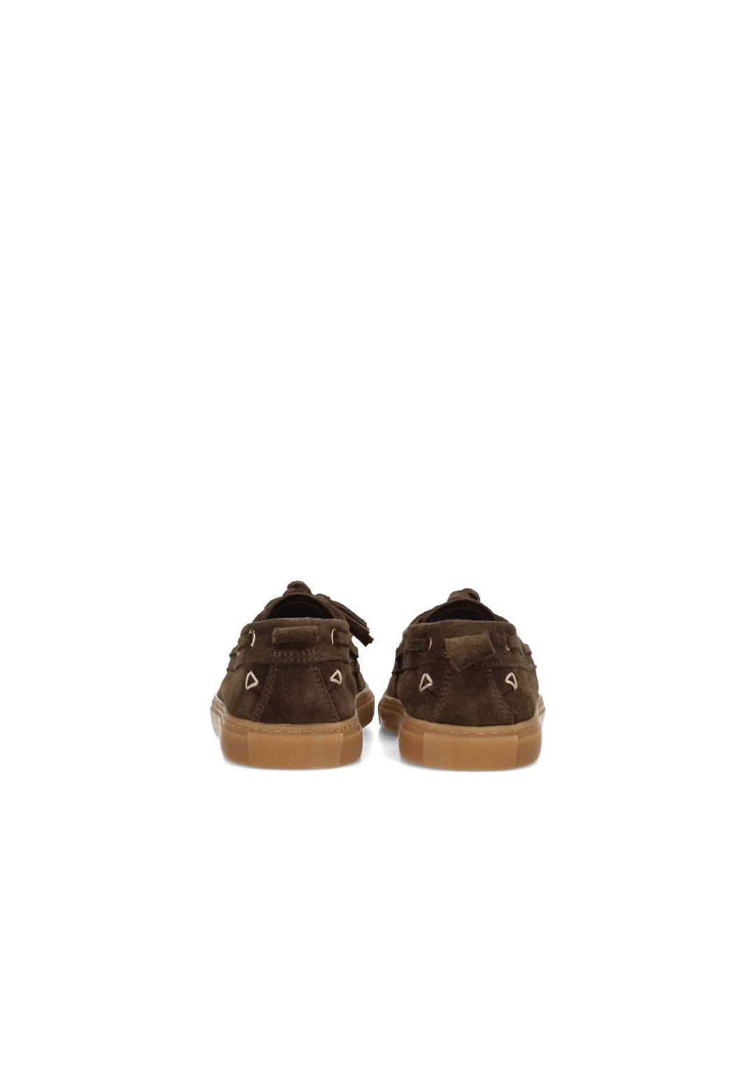 Back view of dark brown loafers with heel detail