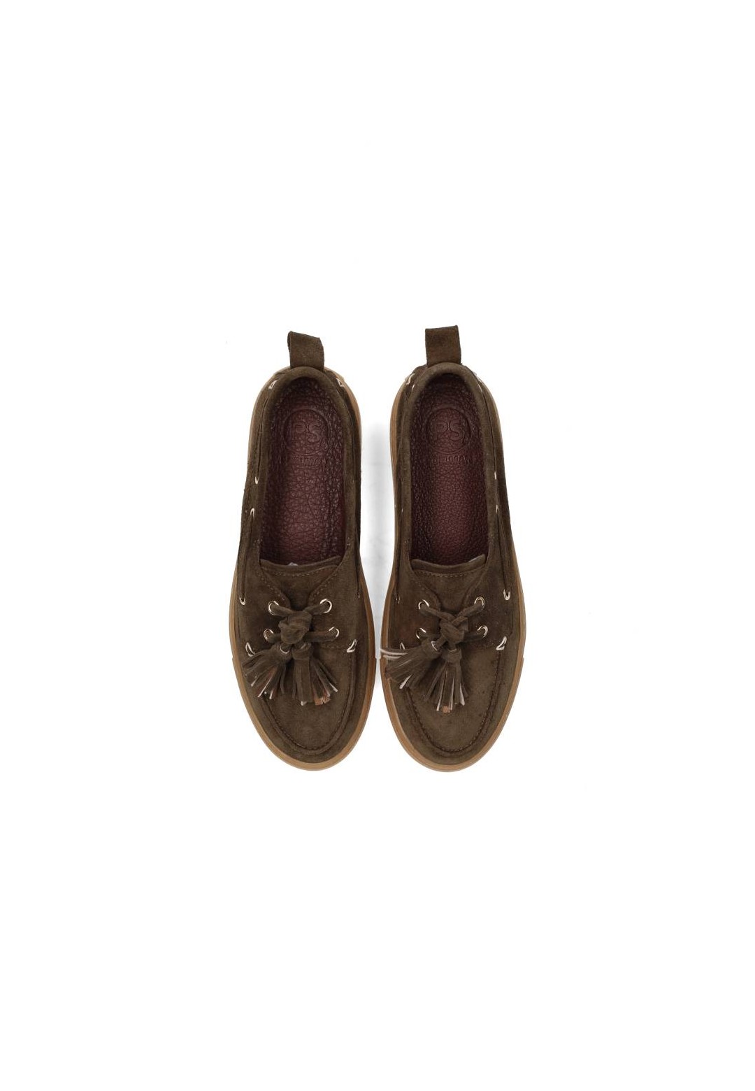 Top view of dark brown loafers with tassel details