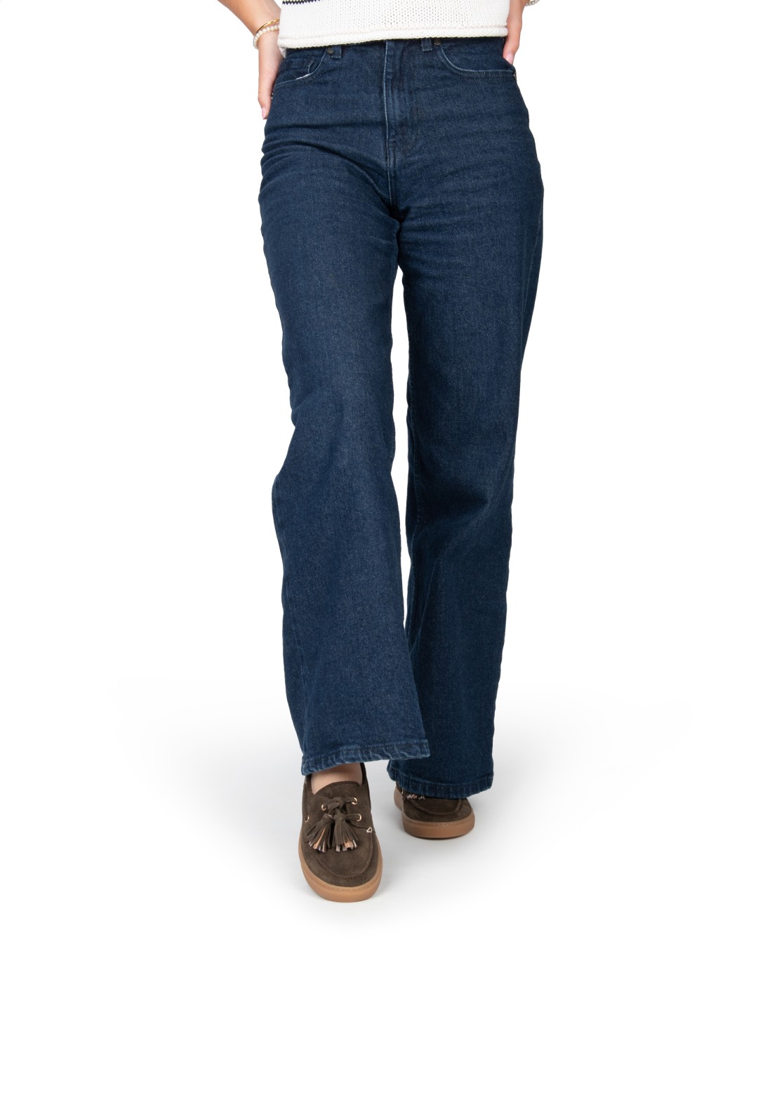 Model wearing dark brown loafers with casual outfit