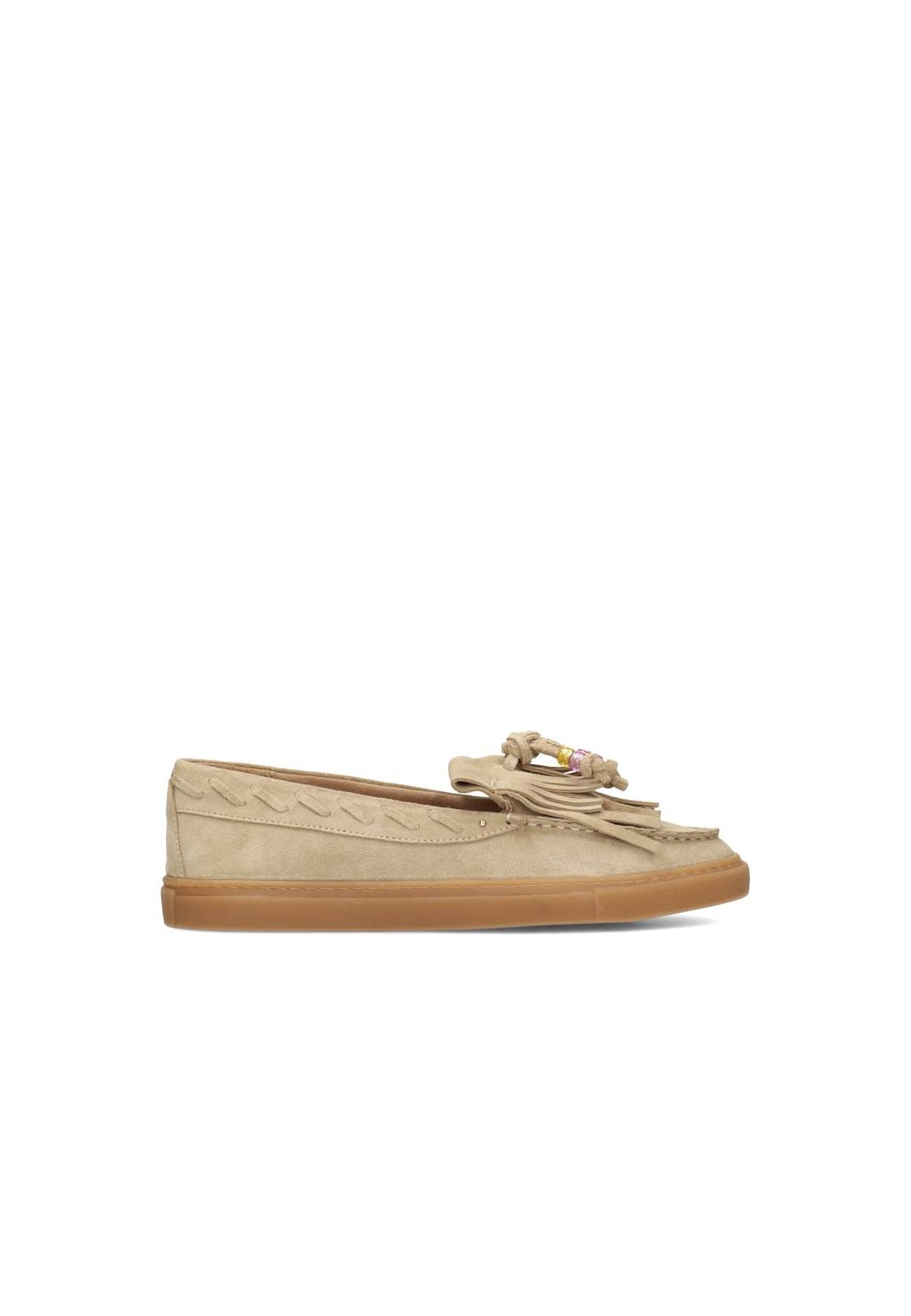 Beige suède loafer met kralen en franjes van PS Poelman, zijaanzicht