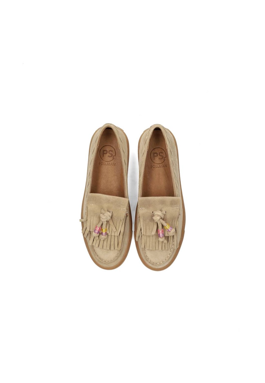 Paar PS Poelman loafers in beige suède van bovenaf