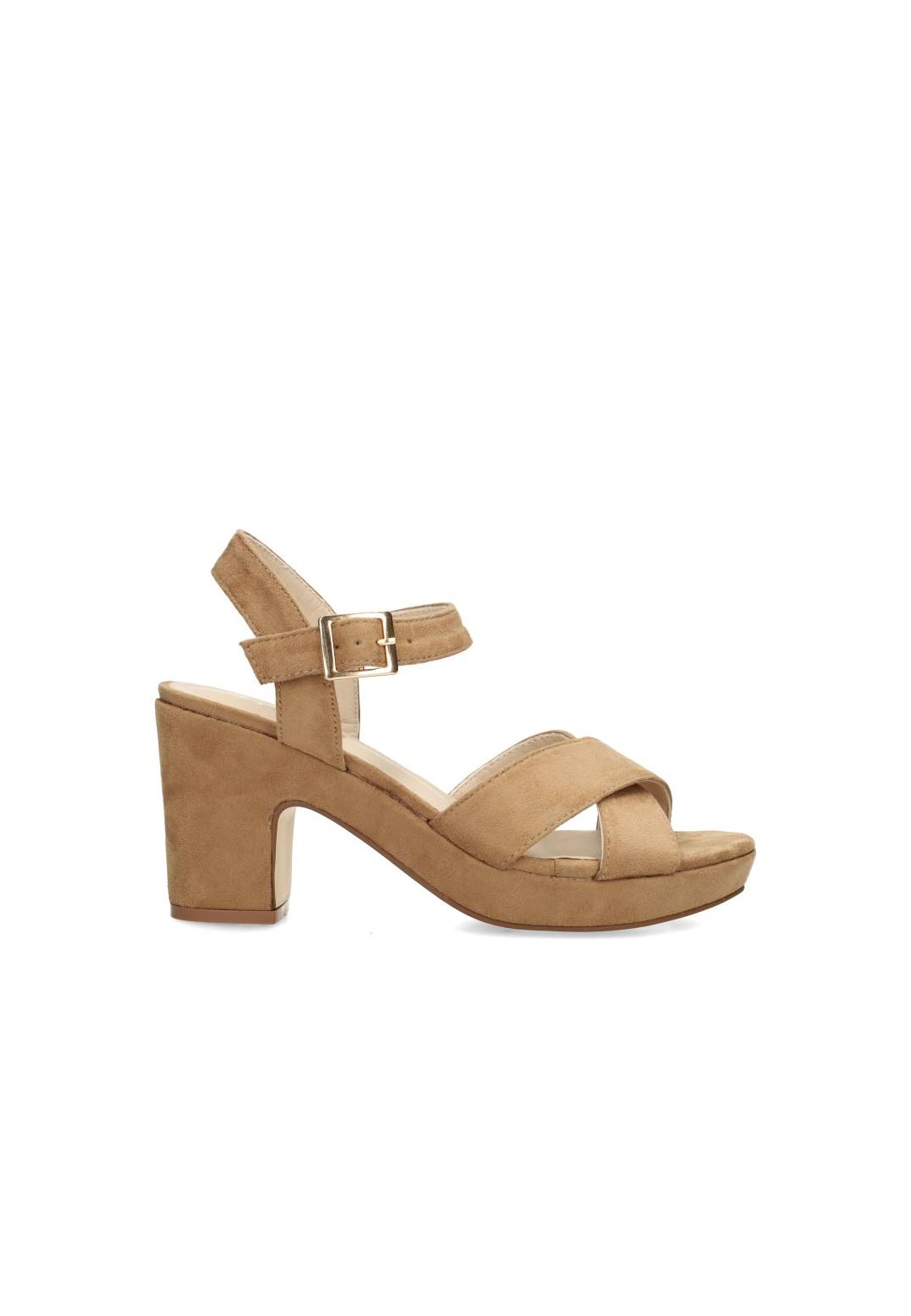 POSH by Poelman MARY block heel sandals with ankle strap beige faux suede
